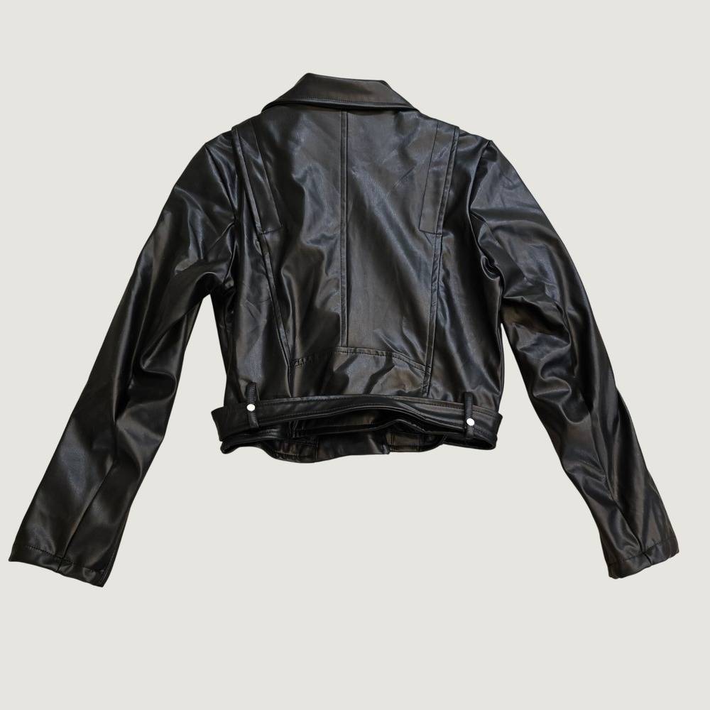Tuba Butik Womens Black Faux Leather Cropped Moto Biker Jacket Belted Size Large - Picture 7 of 10